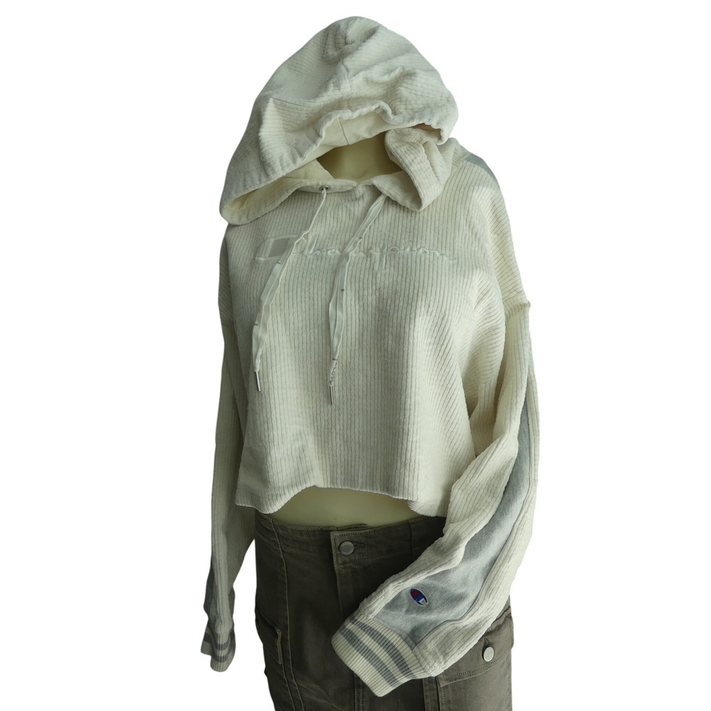 Champion Reverse Weave Corduroy Cropped Hoodie Cream XL - Picture 2 of 9